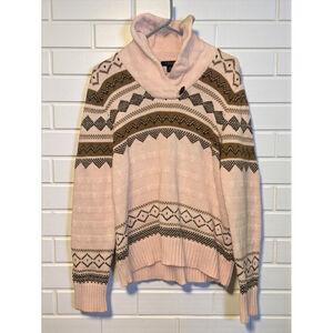 Chap's Women's XL Pink & Brown Fair Isle Cotton Shawl Neck Sweater Nordic Cabin